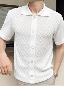 Manfinity CasualKnits Kemeja Rajut Lengan Pendek Kasual Kancing Depan Warna Polos untuk Pria - Putih - View 3