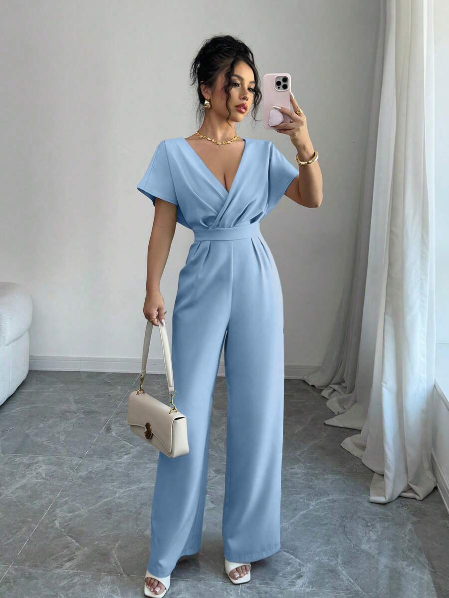 Selianne Women's Pleated Waist Casual Jumpsuit, Minimalist Design, Suitable For Summer - Blue - View 1