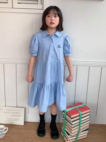 DAZY 青少年女孩彼得潘领褶皱短袖连衣裙，校园风格，夏季，返校服 - 藍色 - 查看 3