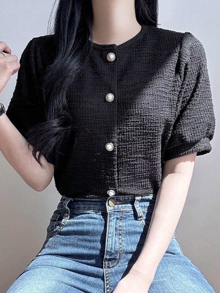 Elegant Round Neck Puff Sleeve Short Style Blouse For Women