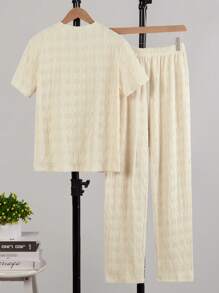 2 Peças Conjunto de Pijama para Adolescentes, Conjunto de Cor Damasco de Manga Curta Casual Macia e Calça Comprida, Tecido Jacquard Texturizado, Elástico, Malha Respirável, Lavável em Máquina, Ajuste Confortável, Fácil Cuidado, Conjunto Combinando Mãe e Filho (1 Conjunto Vendido Separadamente)