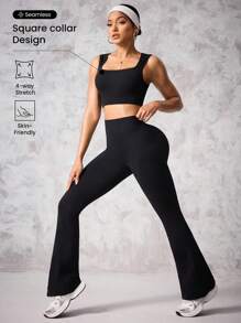 Seamluxe SHEIN Sport 女士纯色短款无缝背心和喇叭裤运动套装女士健身套装