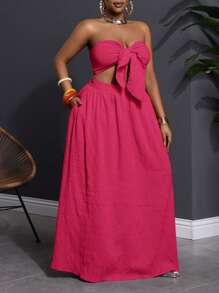 Slaydiva Plus Size Women Textured Bandeau Top And A-Line Midi Skirt 2 Pieces Set For Vacation - Hot Pink - View 4