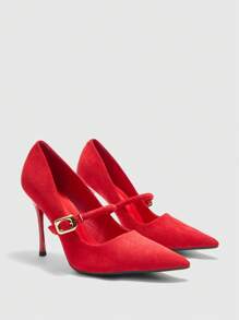 CUCCOO BIZCHIC Women's Fashionable Elegant Simple Solid Color Pointed Toe Back Open High Heel Pumps - Red - View 9