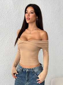 SHEIN EZwear Women Casual Solid Color Twisted Off Shoulder Crop Top - Mocha Brown - View 3