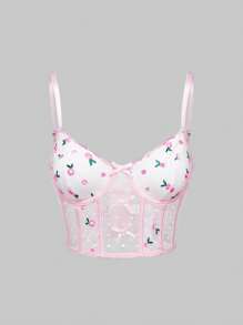 ROMWE Kawaii 浪漫度假风格春季花卉刺绣网眼波尔卡圆点拼布手工内衣，可作为外穿，带钢圈文胸