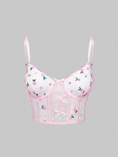 Kawaii Romantic Vacation Style Spring Floral Embroidery Mesh & Polka Dot Patchwork Handmade Lingerie As Outerwear With Underwire Bra