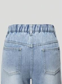 Tween Girls Fashion Light Blue Washed Denim Butterfly Rhinestone Embellished Loose Wide Leg Casual Elastic Waist Jeans - Light Wash - View 5