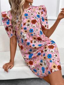 SHEIN Clasi Women's Boho Floral Print Mini Dress With Short Puff Sleeves And Round Neckline - Pink - View 5