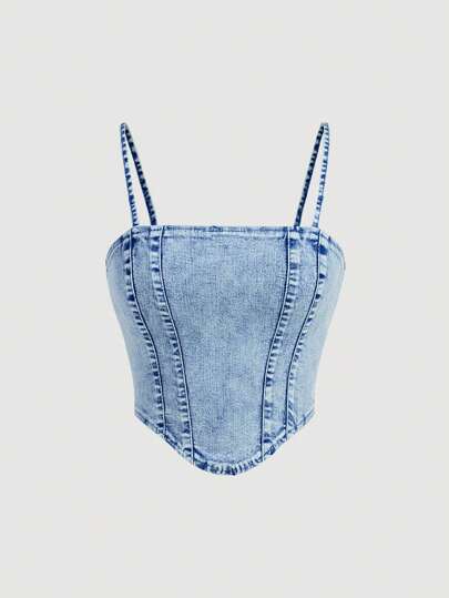 SHEIN Teen Girls' Casual Washed Denim Camisole Top, Summer