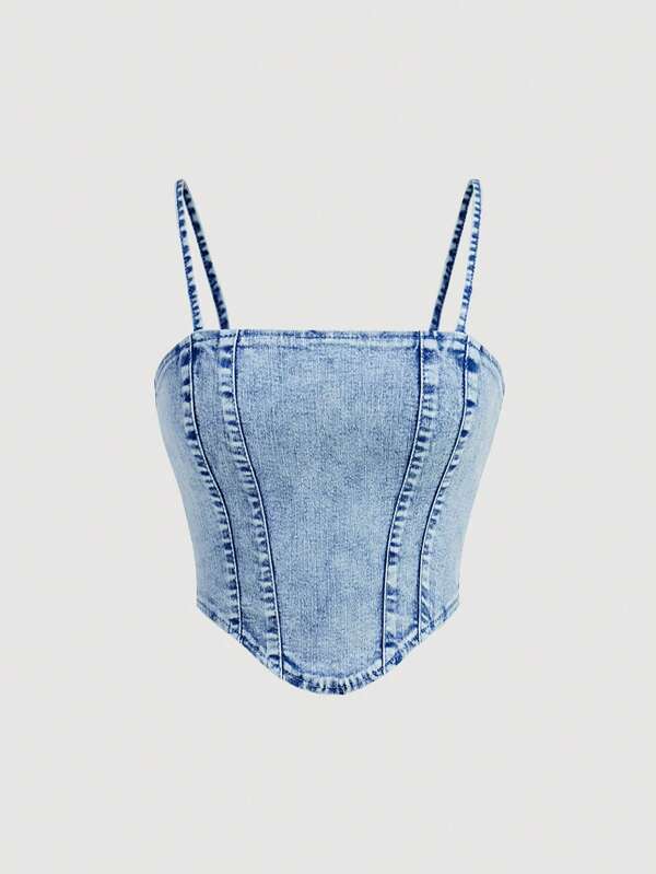 SHEIN Teen Girls' Casual Washed Denim Camisole Top, Summer