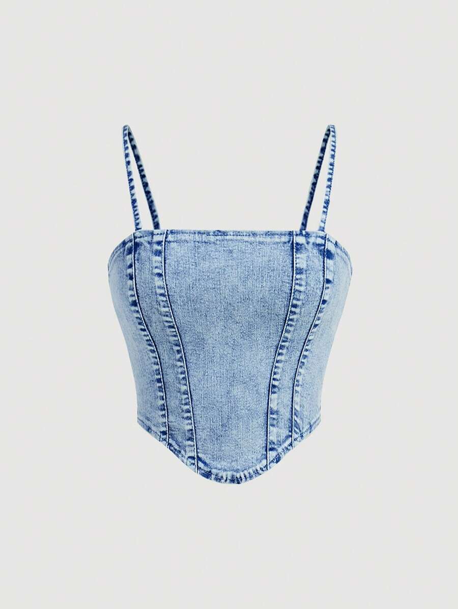 SHEIN Teen Girls' Casual Washed Denim Camisole Top, Summer