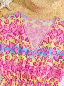 Tween Girl Heart Print V-Neck Criss-Cross Wrap Front Short Sleeve Dress Summer Holiday - Multicolor - View 6