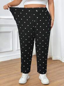 SHEIN CURVE+ 大码女式波尔卡圆点印花休闲裤，带口袋和侧开衩，度假新年女式冬季情人节商务休闲女式飘逸裤，女式夏季，波尔卡圆点 - 黑與白 - 查看 4
