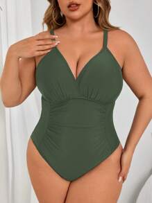 Swim Lushoire 加大码连体黑色泳衣，腰部有褶饰，简约日常海滩度假女士泳装 - 綠色 - 查看 4