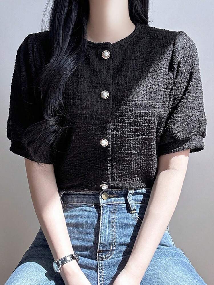 Elegant Round Neck Puff Sleeve Short Style Blouse For Women