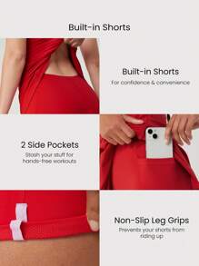 GLOWMODE FeatherFit™-Air Peekaboo 镂空口袋多功能运动连衣裙，内置短裤，轻度支撑，低冲击瑜伽，日常夏季速干，吸湿排汗 - Fiery Red - 查看 4