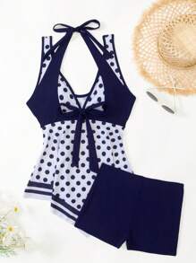 SHEIN 2pcs/Set Summer Elegant Bowknot Solid Splice Polka Dot Print Flounce Crop Top And Solid Color Briefs Tankini Swimwear - Multicolor - View 3