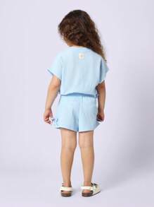 SUMWON Set coordinato da ragazza per l estate, composto da shorts e blusa a maniche corte, con dettaglio a fiocco, ideale per il tempo libero, la spiaggia e le vacanze