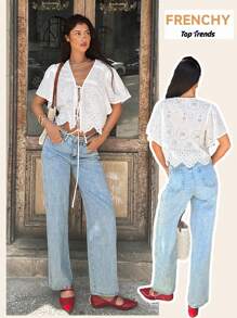 SHEIN Frenchy 女士度假风系带印花刺绣短袖休闲衬衫