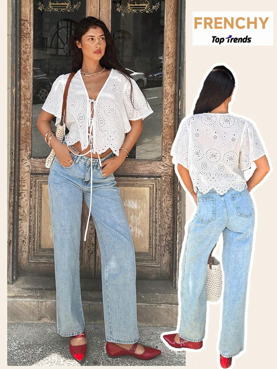 SHEIN Frenchy 女士度假风系带印花刺绣短袖休闲衬衫