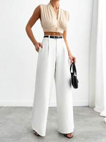 SHEIN Cottnline Elegant Semi-Sheer Suit Pants With Gold Buckle Slim Belt – High-Waisted, Loose Fit, Elastic Back Waistband For Ultimate Comfort - Beige - View 5