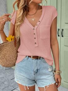 SHEIN LUNE V-Neck Solid Color Waffle Knit Casual Short Sleeve T-Shirt, Spring/Summer,Casual - Pink - View 5