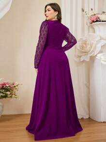 Coutiva 加大码优雅针织连衣裙，撞色蕾丝和泡泡袖，正式、派对礼服、晚礼服、婚礼宾客礼服