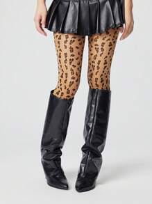 ROMWE Goth 1 双豹纹紧身裤，时尚百搭，适合所有季节 - 咖啡棕 - 查看 4