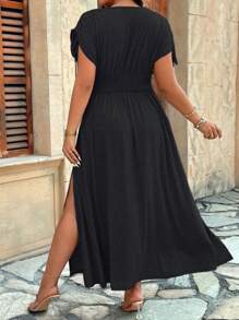 SHEIN LUNE Plus Size Soft Knit Adjustable Shoulder Line Romper With Short Sleeves, Drawstring Waist, Side Slit, V-Neck, Casual For Outing & Holiday - Black - View 2