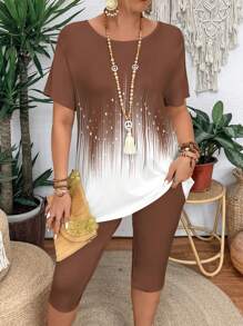 Summer Casual Color Block Short Sleeve T-Shirt And Leggings 2 Pieces Set For Plus Size Women, Slim Fit - Multicolor - View 1