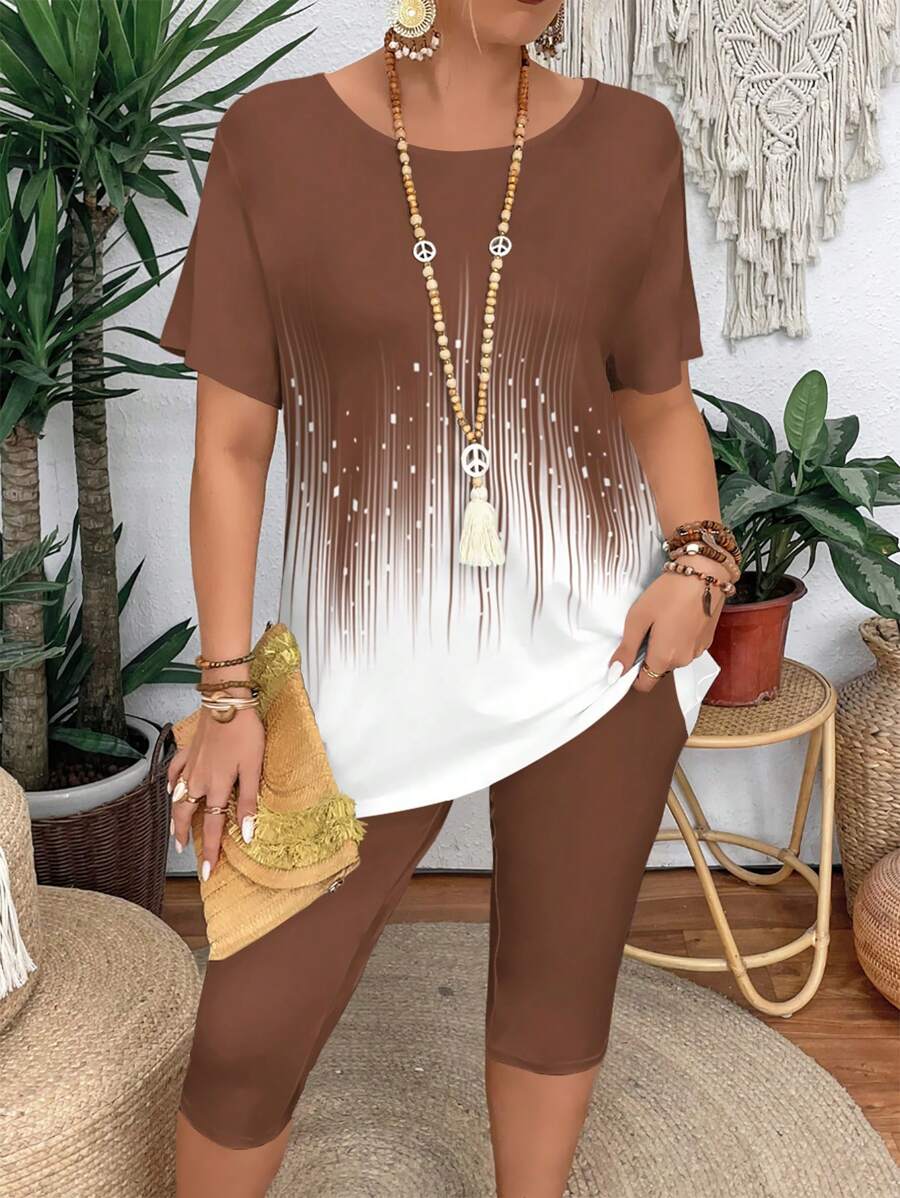 Summer Casual Color Block Short Sleeve T-Shirt And Leggings 2 Pieces Set For Plus Size Women, Slim Fit - Multicolor - View 1