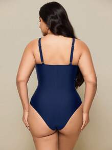 SHEIN Swim Plus Size Women's Minimalist Daily Beach Front Tie Decor Adjustable Strap One-Piece Swimsuit, Summer - Navy Blue - View 2
