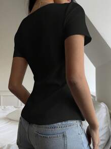 SHEIN EZwear Damen Lässig schwarzes Strick-T-Shirt mit Bindedetail, Schlitz-Saum und Kurzarm