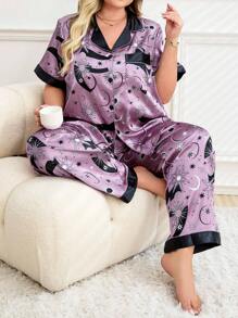 Conjunto de pijama de satén en talla grande con estampado de estrellas y luna creciente en color morado