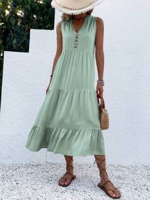 EMERY ROSE Button Detail Layered Hem Smock Dress Maxi Women Outfit - Mint Green - View 3