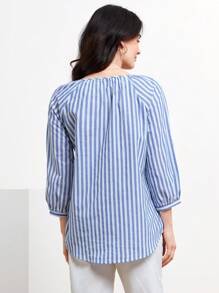 Miaspire 條紋圖案花卉刺繡缺口V領襯衫 - 彩色 - 查看 2