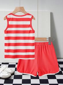 GARFIELD | SHEIN Conjunto de 2 piezas de Top de tirantes estampada con baloncesto y shorts deportivos estampados con baloncesto, estilo deportivo casual para niño, para primavera/verano - Naranja Coral - Ver 2