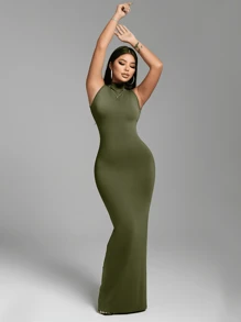 Zolique Women's High Neck Front Tie Sexy Extra Long Dress - Army Green - View 5