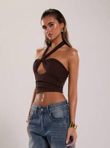 SHEIN BAE Women's Plain Color Ruched Cropped Cutout Halter Tank Top - Coffee Brown - View 5