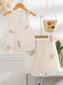 SHEIN 2 件套女孩花卉印花休闲度假装 - 白色 - 查看 2