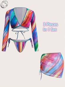 Innovista Traje de baño deportivo para mujer de dos piezas, conjunto de traje de baño para mujer, traje de baño de manga larga para mujer, falda anudada - Multicolor - Ver 9