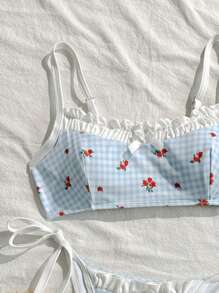 Swim Mod Ensemble de bikini sexy avec liens pour femmes, imprimé carreaux cerises pour l'été et la plage - Multicolore - Voir 3