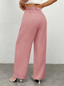 SHEIN PETITE Women's Casual Solid Color Straight Leg Pants - Dusty Pink - View 2