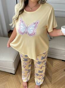 SHEIN Butterfly Print Plus Size Women Short Sleeve Pajama Set With Pants - Yellow - View 7