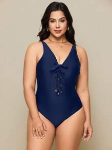 SHEIN Swim Plus Size Women's Minimalist Daily Beach Front Tie Decor Adjustable Strap One-Piece Swimsuit, Summer - Navy Blue - View 3