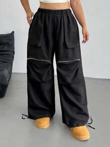 POPSWAY Pantaloni cargo dritti neri casual con tasche con zip, taglie comode per donne