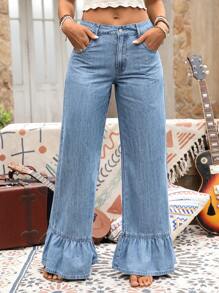 SHEIN Tall High Waist Ruffled Hem Washed Wide Leg Jeans