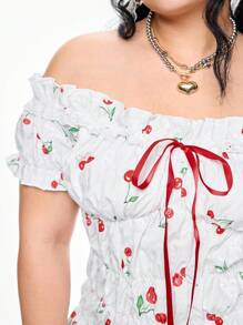 ROMWE Kawaii Plus Size Women Retro Cottagecore Cherry Embroidered Off Shoulder Lace Trim Blouse - White - View 2