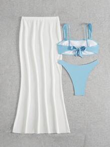 SHEIN Swim 3pcs Blue Wide Strap Bikini Set With White Mesh Beach Maxi Dress, Vacation Style Women Swimsuit For Summer - Blue and White - View 2
